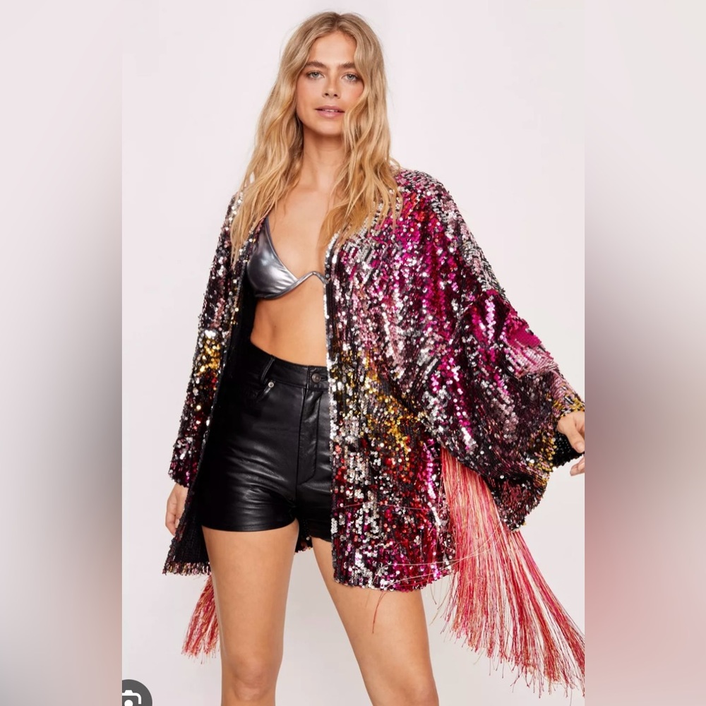 Nasty gal sequined fringe kimono rainbow ombré